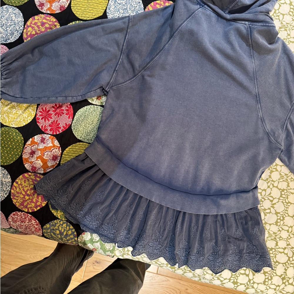 Free People Blue Hoodie Tunic with Lace Hem - Picture 3 of 6